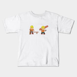 Kids drawing of carpenter sawing a log and the other carrying a wood board Kids T-Shirt